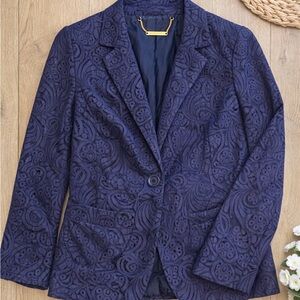 EUC Trina Turk Size 10 Navy Lace Overlay Blazer - Classic Tailored OR Oversized